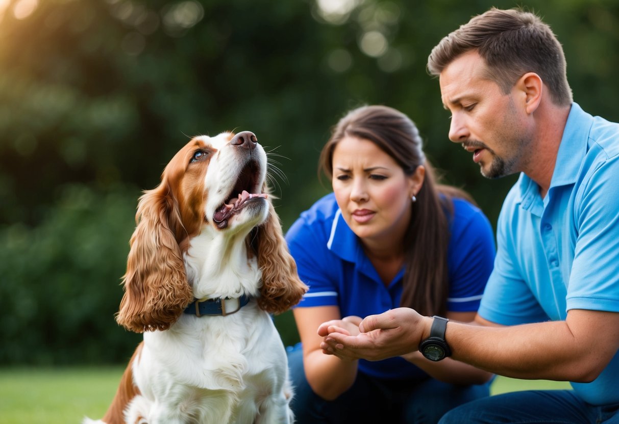 A cocker spaniel barking incessantly while a professional dog trainer provides behavioral interventions and assistance to the frustrated owner