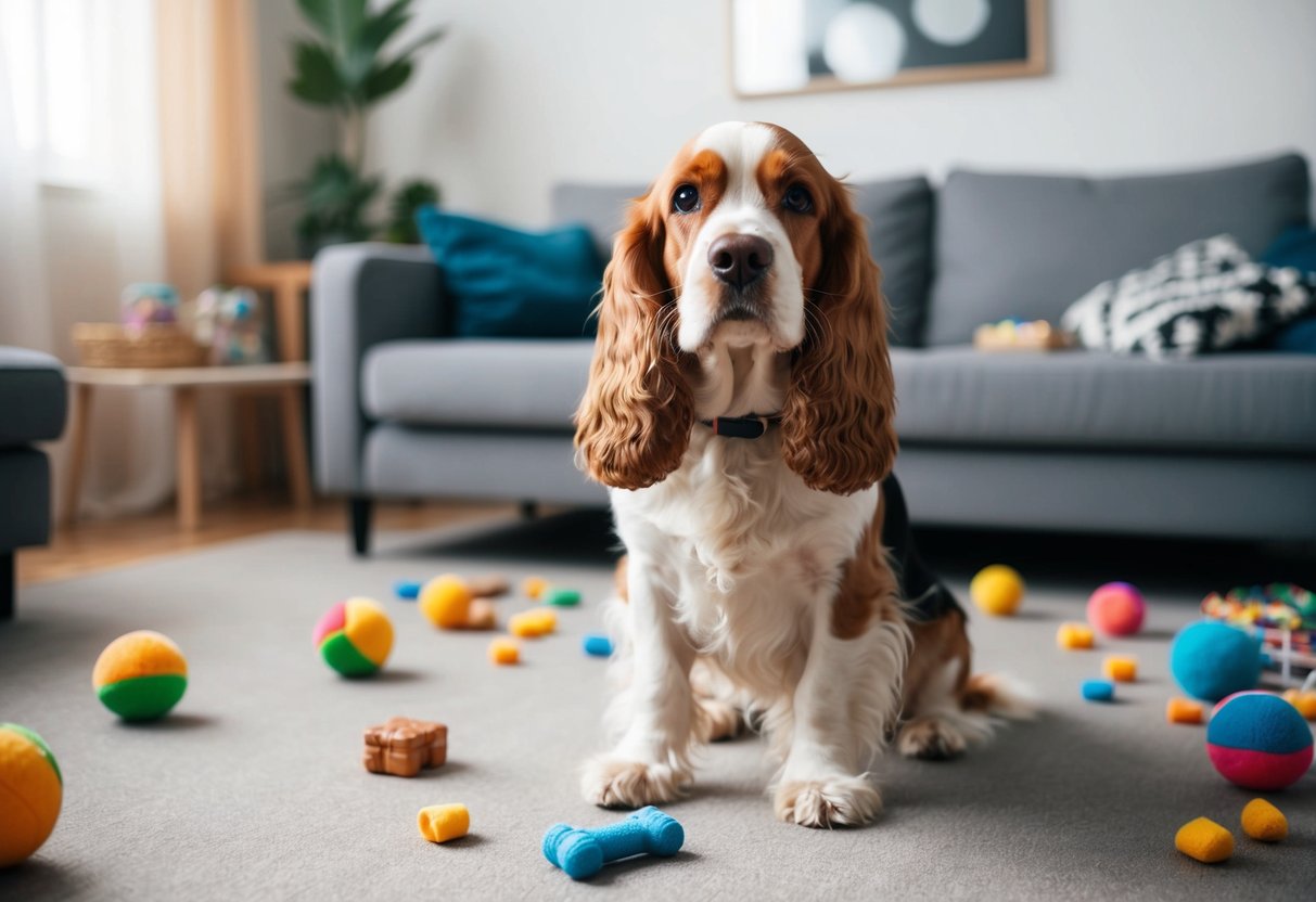 A cocker spaniel ignores commands in a cluttered living room, surrounded by scattered toys and treats