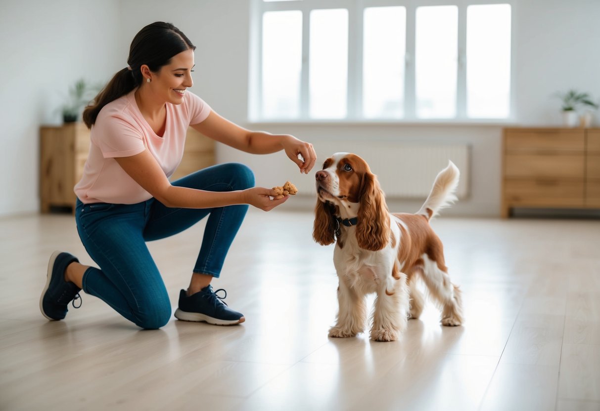 A person using positive reinforcement to train a 2-year-old cocker spaniel using treats and praise in a spacious, well-lit room