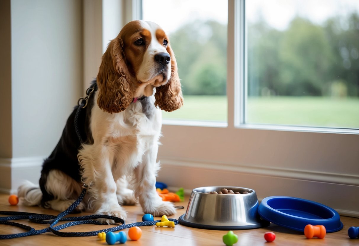 A cocker spaniel sits with a sad expression, surrounded by scattered toys and a tipped-over food bowl. Its leash is tangled, and the dog looks longingly out the window