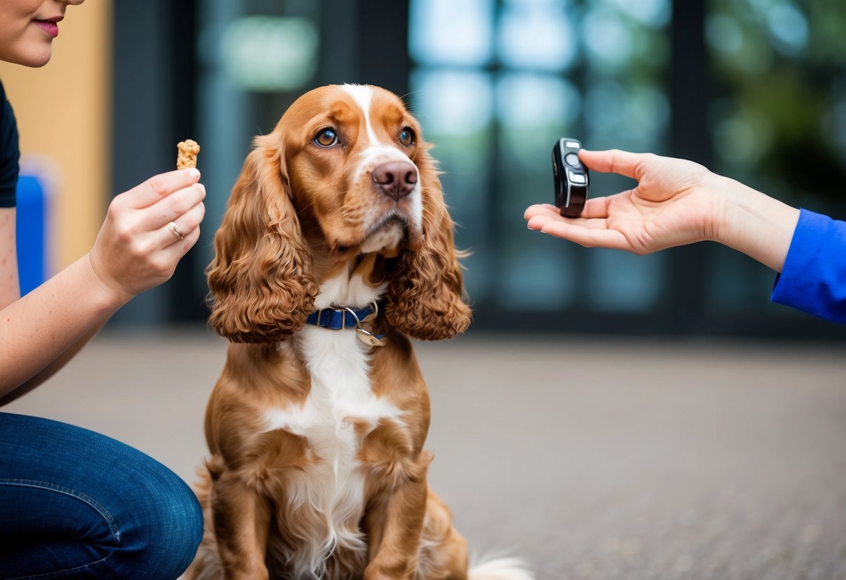 A 2-year-old cocker spaniel sits attentively, eyes fixed on a trainer holding a treat. The trainer gestures with a clicker, reinforcing the dog's good behavior