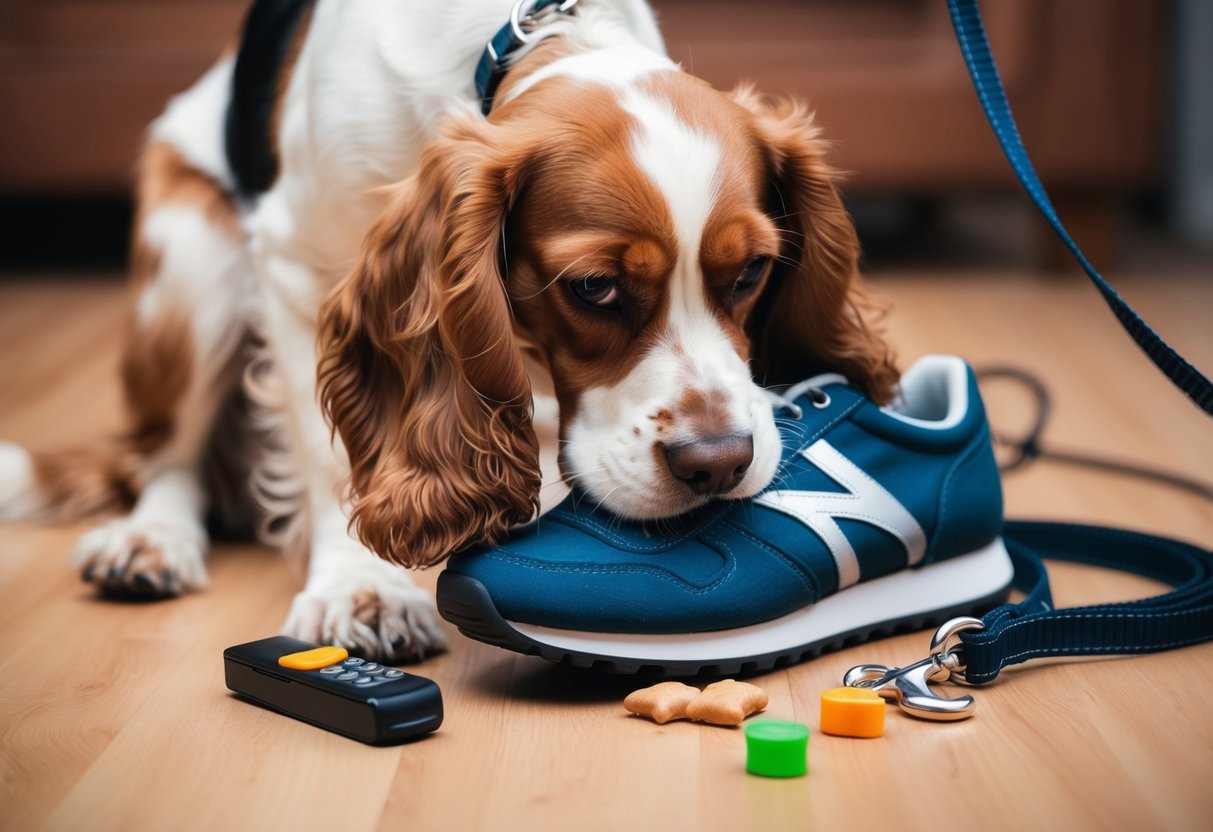 A cocker spaniel ignores commands, chewing a shoe. A training clicker, leash, and treats lay nearby