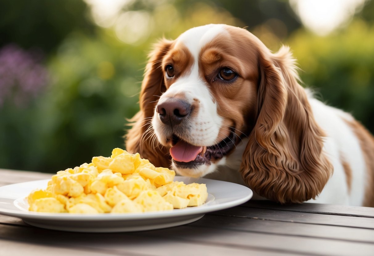 A happy cocker spaniel eagerly eats a plate of scrambled eggs