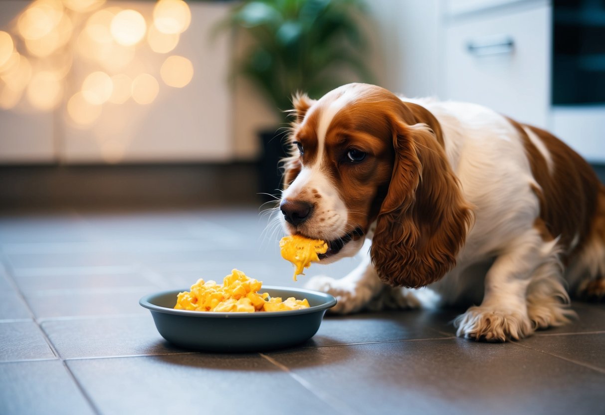 A cocker spaniel eagerly eats scrambled eggs from a food bowl on a kitchen floor