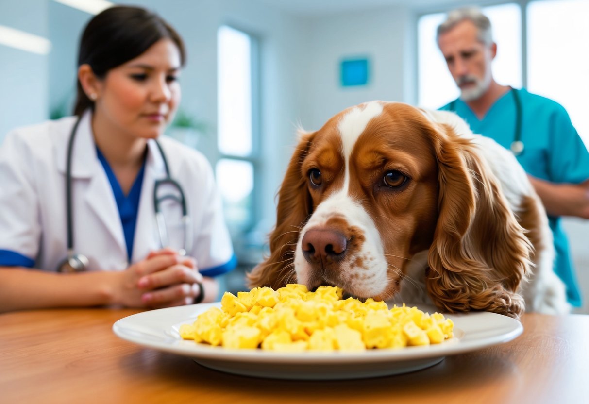 A Cocker Spaniel eagerly sniffing a plate of scrambled eggs, with a concerned veterinarian looking on in the background