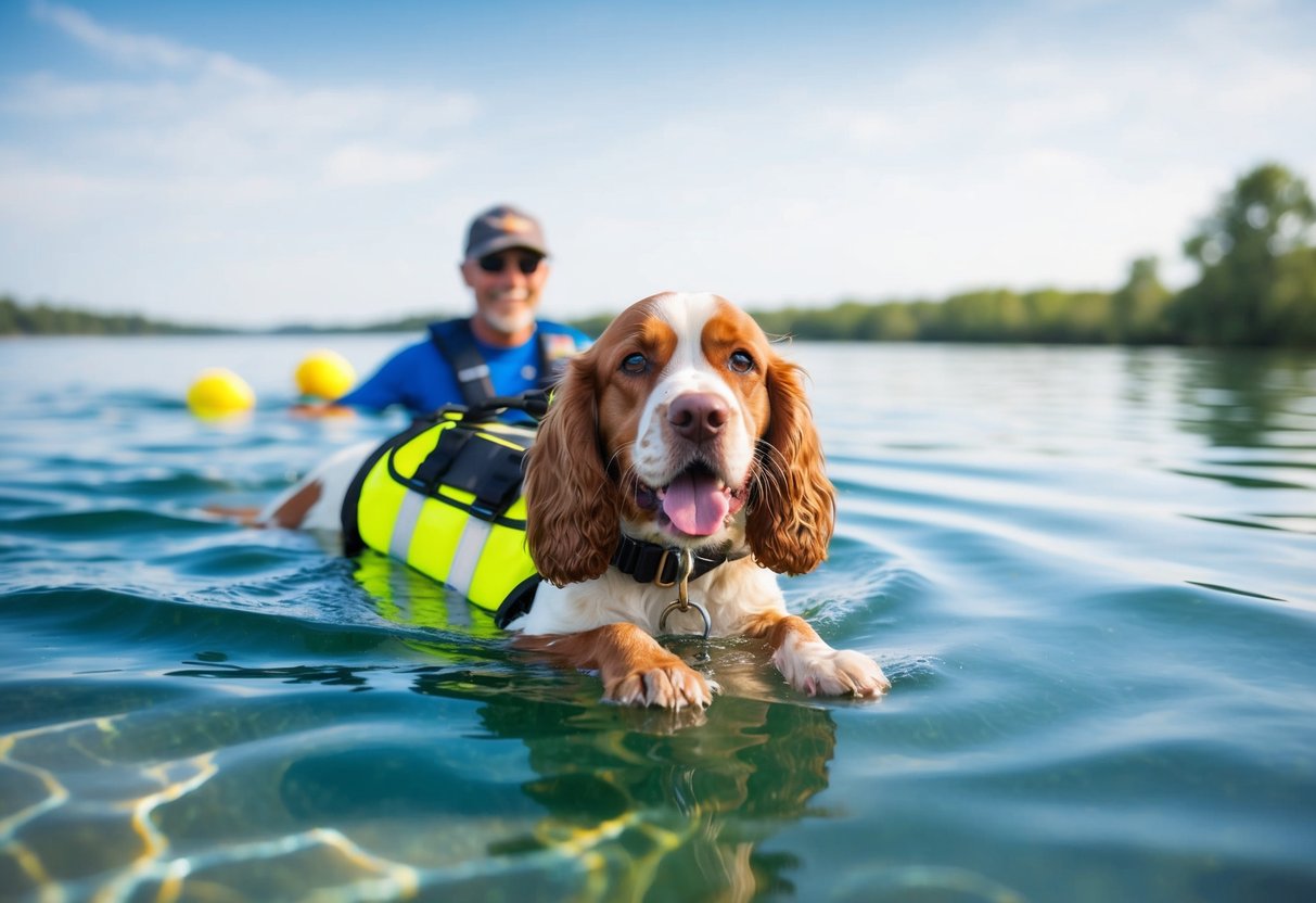 A cocker spaniel happily swimming in a clear, calm body of water, with a safety vest on and a watchful owner nearby