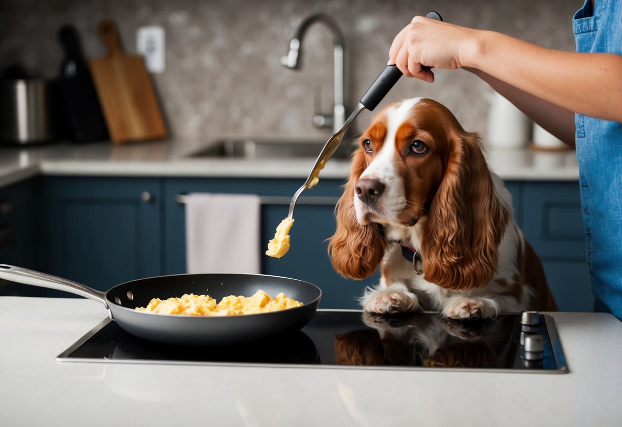 A cocker spaniel eagerly waits by the kitchen counter as a person prepares scrambled eggs in a nonstick pan. The dog's tail wags in anticipation