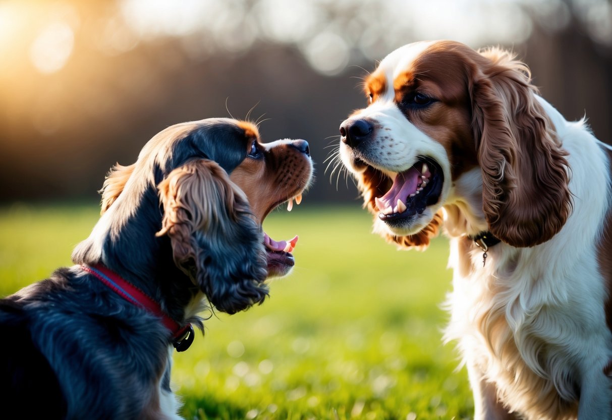 A cocker spaniel snarls, ears flattened, teeth bared, and body tense as it confronts another dog