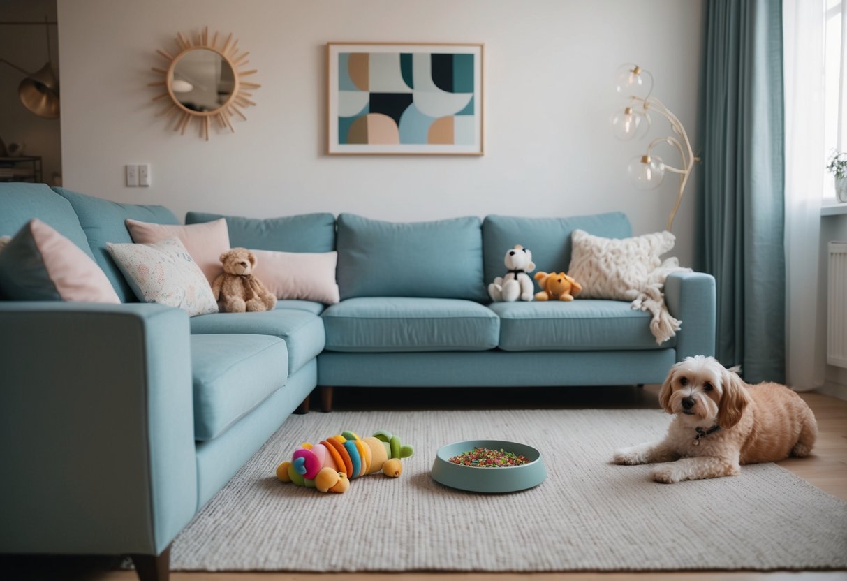 A cozy living room with a soft bed, toys, and calming music playing. A bowl of fresh water and a healthy meal are nearby