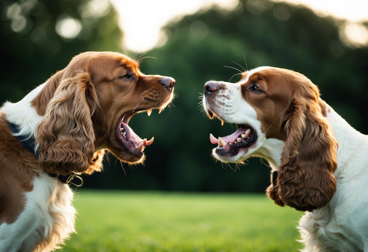 A snarling cocker spaniel baring its teeth, ears pinned back, and raised hackles, facing off against another dog