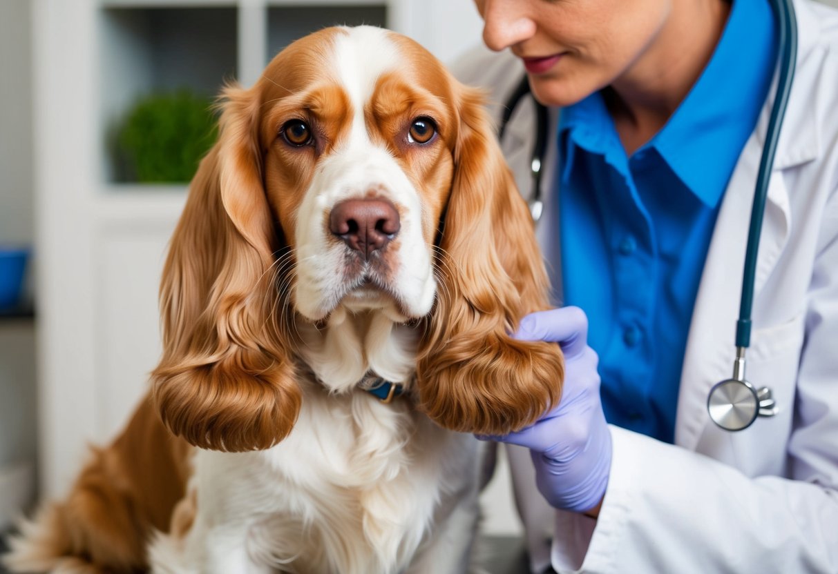 A cocker spaniel with clean, healthy ears being groomed and checked by a veterinarian