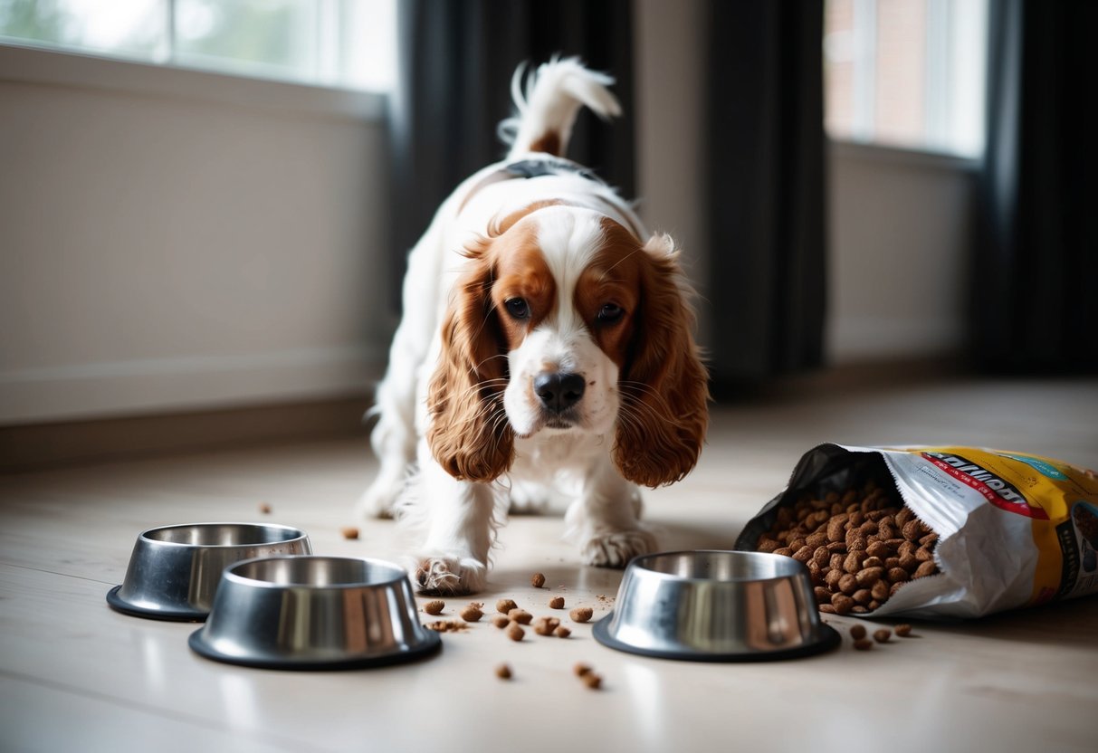 A cocker spaniel scratching furiously, surrounded by empty food bowls and a torn bag of dog food
