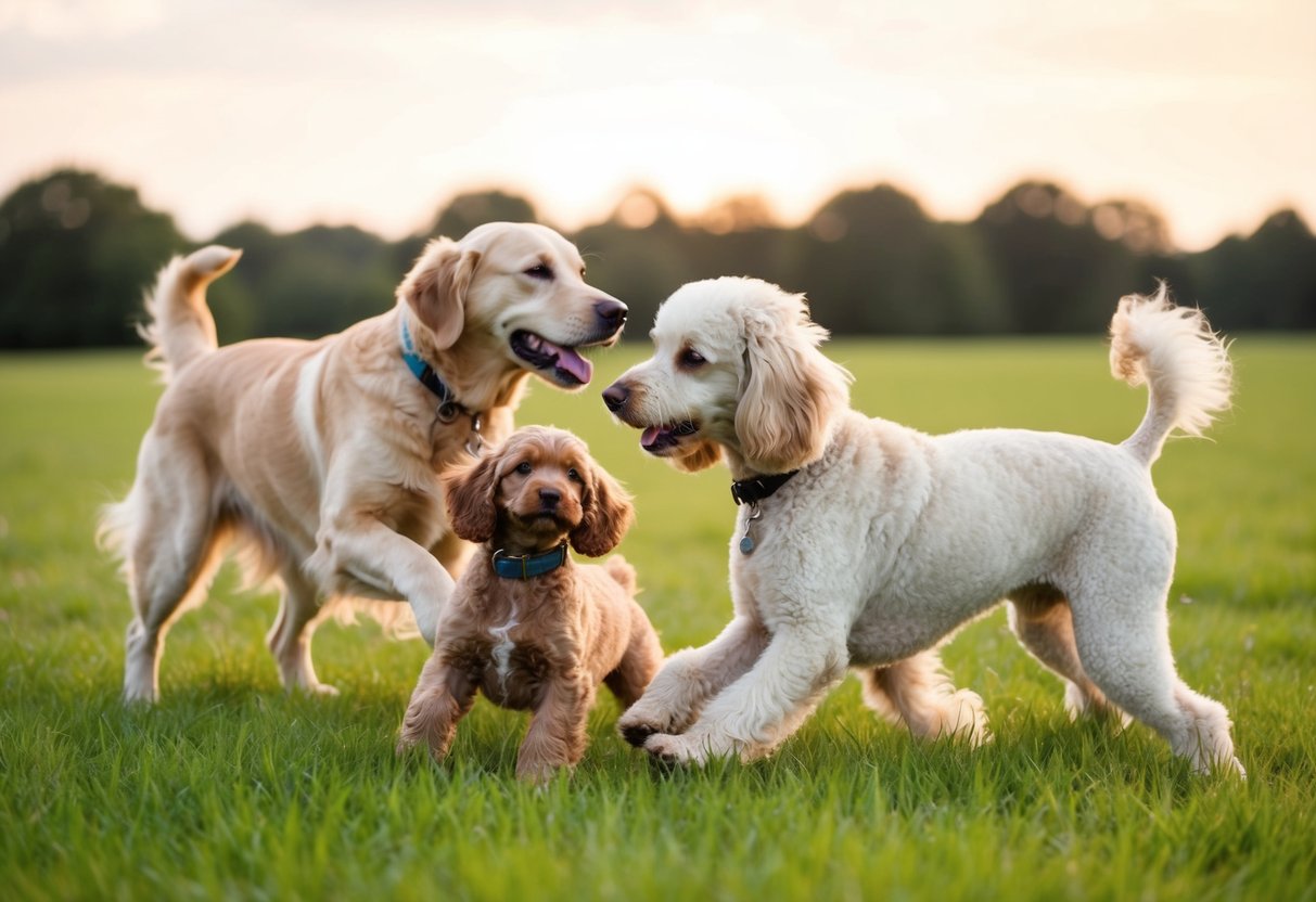 A golden retriever and a poodle playfully interact in a grassy field, their offspring resembling a cocker spaniel with floppy ears and a wavy coat