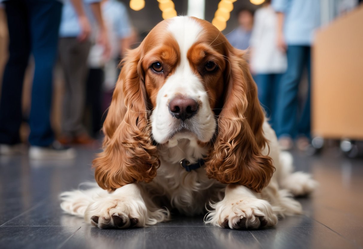 A cocker spaniel scratching furiously while surrounded by various stress-inducing factors such as loud noises, crowded spaces, and unfamiliar scents