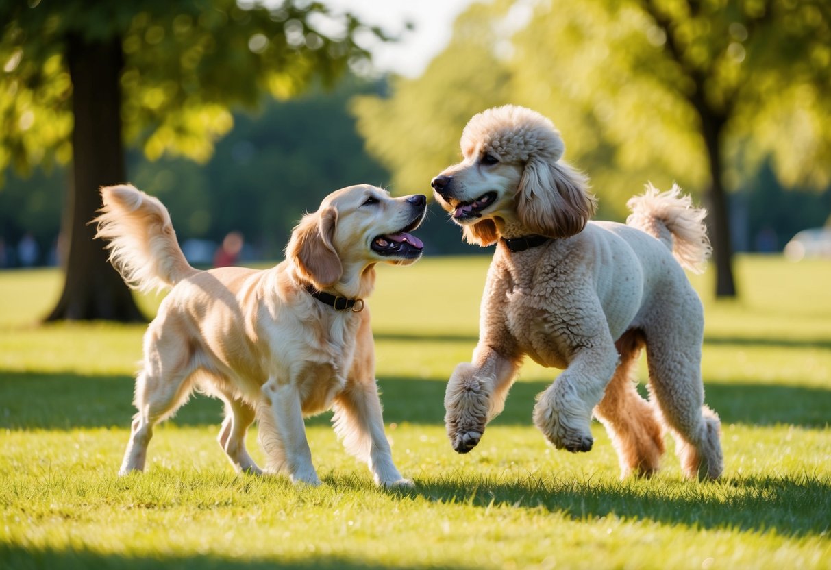 A golden retriever and a poodle playfully interact in a sunny park, showcasing the friendly and energetic nature of a cocker spaniel