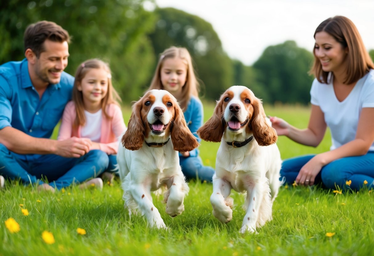 Two Cocker Spaniels playing in a green meadow, surrounded by a loving family