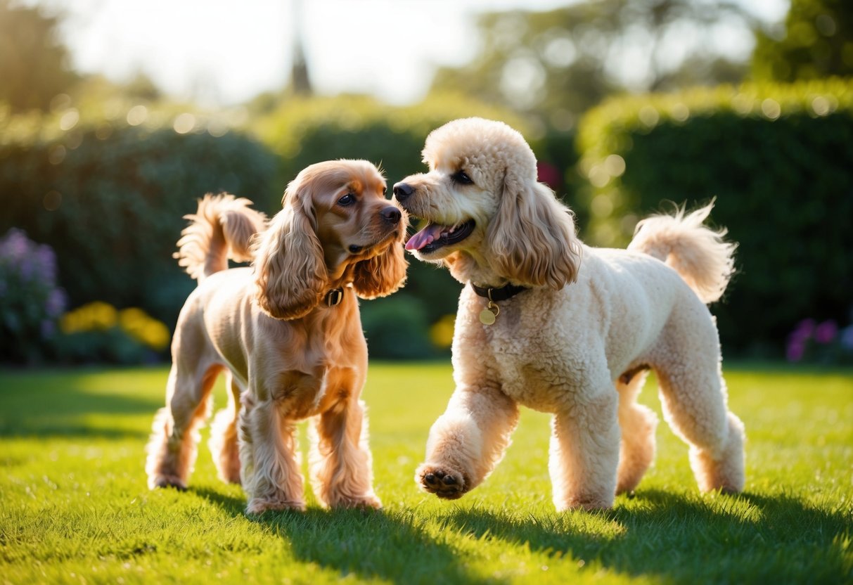 A Cocker Spaniel and a Poodle playfully interact in a sunlit garden, their fluffy coats shining in the warm light