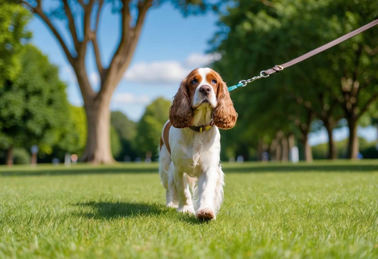 A cocker spaniel walks on a leash in a lush park, surrounded by trees and grass, with a clear blue sky above