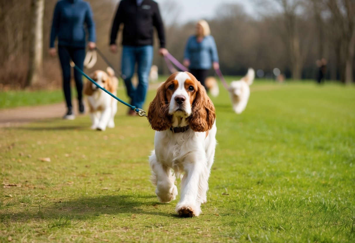 A cocker spaniel on a leash, walking through a park with a mix of open fields and wooded areas, with a few other dogs and their owners in the background