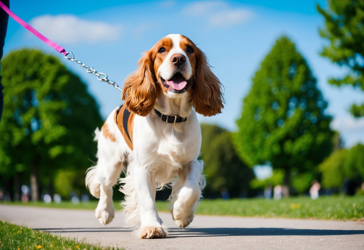 A cocker spaniel is being walked on a leash through a park with green trees and a clear blue sky. The dog appears happy and energetic