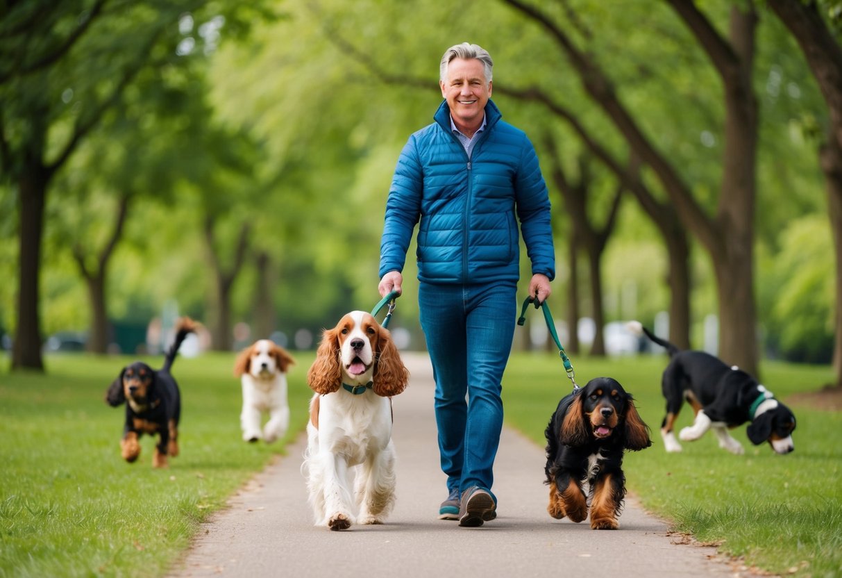 A cocker spaniel is happily walking with its owner in a green park, surrounded by trees and other dogs playing