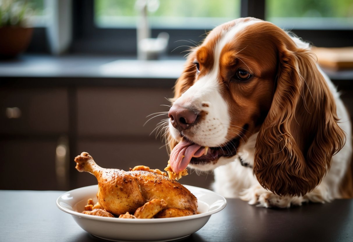 A cocker spaniel eagerly eating cooked chicken from a bowl