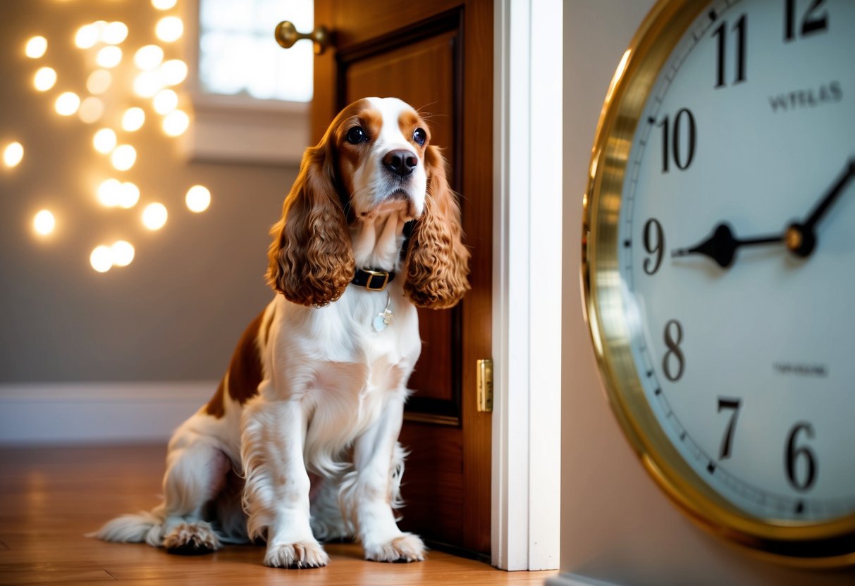 A cocker spaniel waits patiently by the door, legs crossed, as the clock ticks away