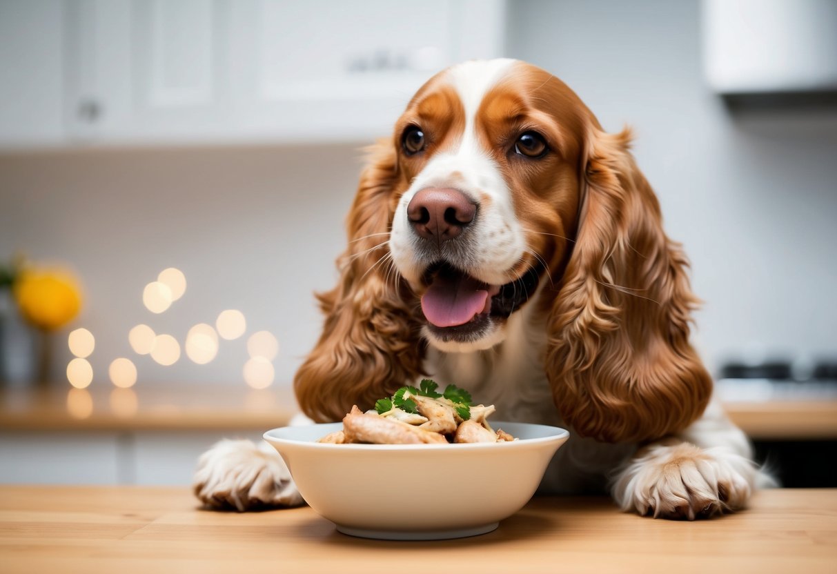 A happy Cocker Spaniel eagerly eating a bowl of cooked chicken, with a shiny coat and wagging tail