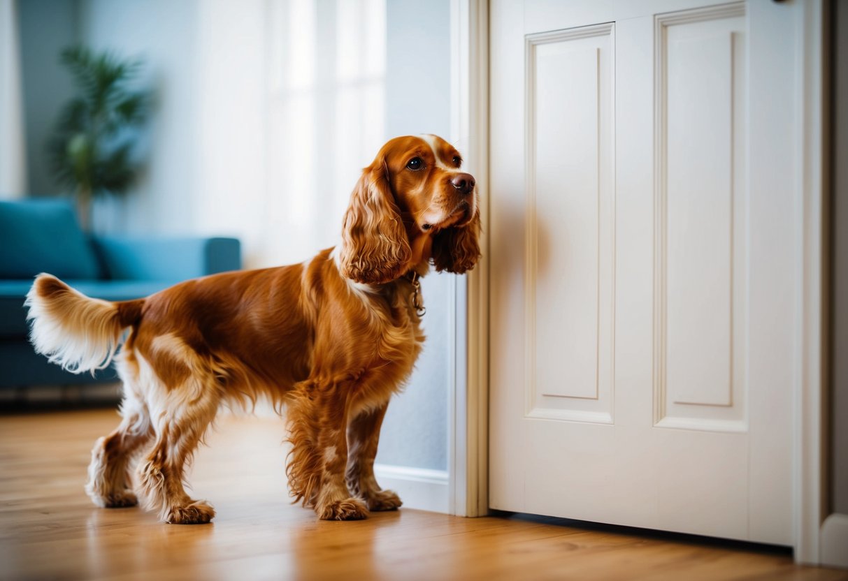A Cocker Spaniel standing by a closed door, looking anxious, with legs crossed