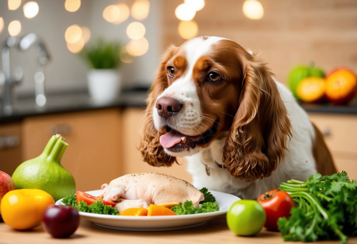 A Cocker Spaniel eagerly eats a balanced meal with chicken, surrounded by healthy fruits and vegetables
