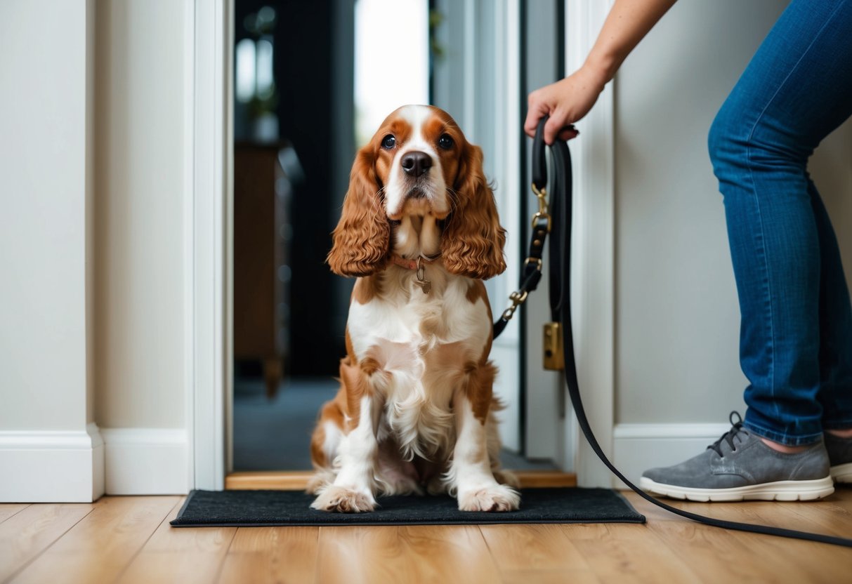 A cocker spaniel anxiously waits by the door, legs crossed, while its owner frantically searches for the leash