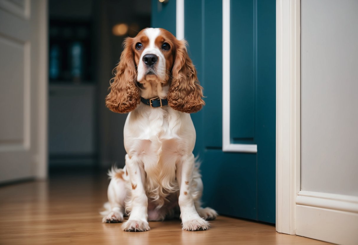 A Cocker Spaniel sits by the door, legs crossed, with a full bladder as the clock ticks