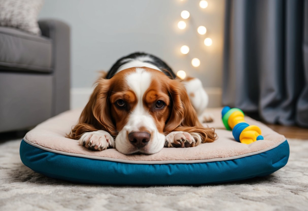 A cocker spaniel lying on a cozy dog bed with a chew toy, soft lighting, and calming music playing in the background