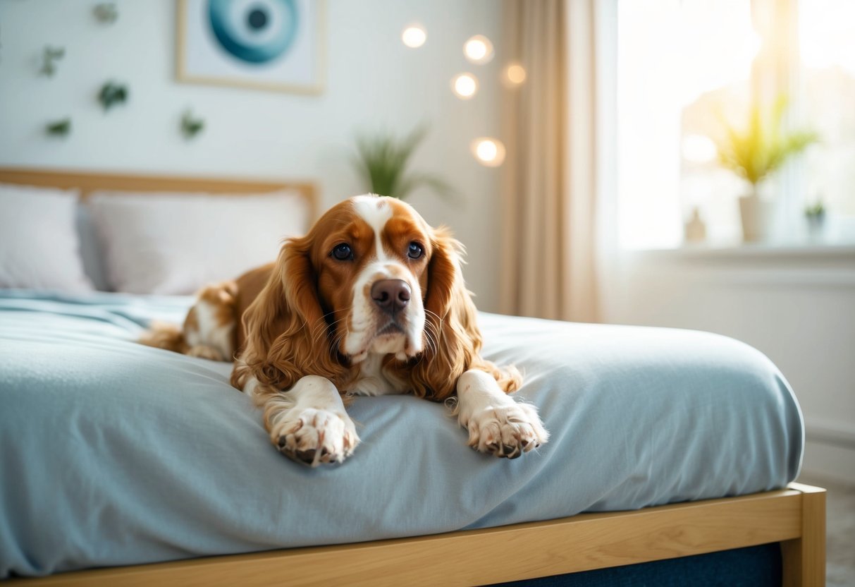 A cocker spaniel lying on a soft bed in a sunlit room, surrounded by calming music and soothing scents