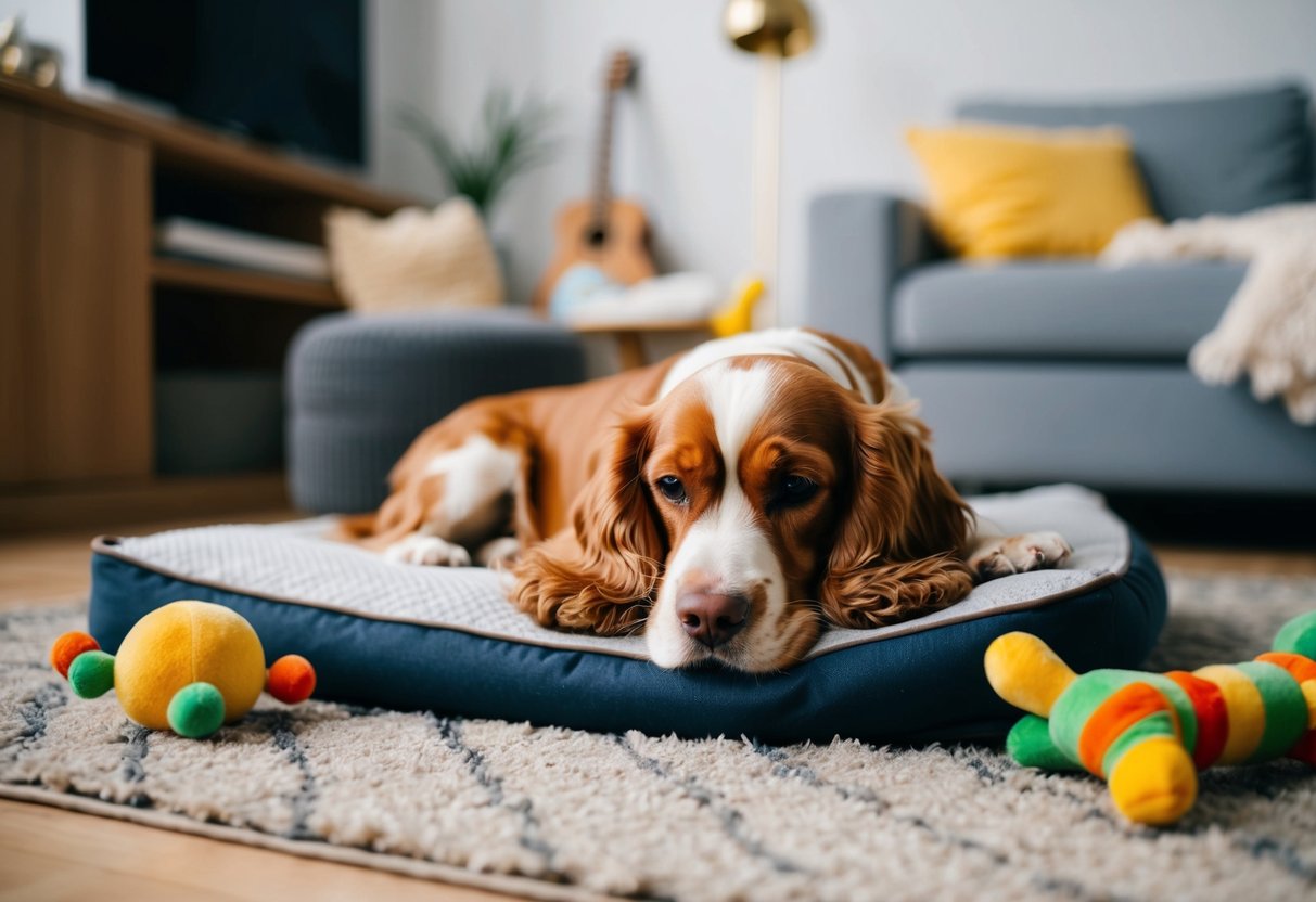 A cocker spaniel lies calmly on a cozy rug, surrounded by toys and a comfortable bed, while soft music plays in the background