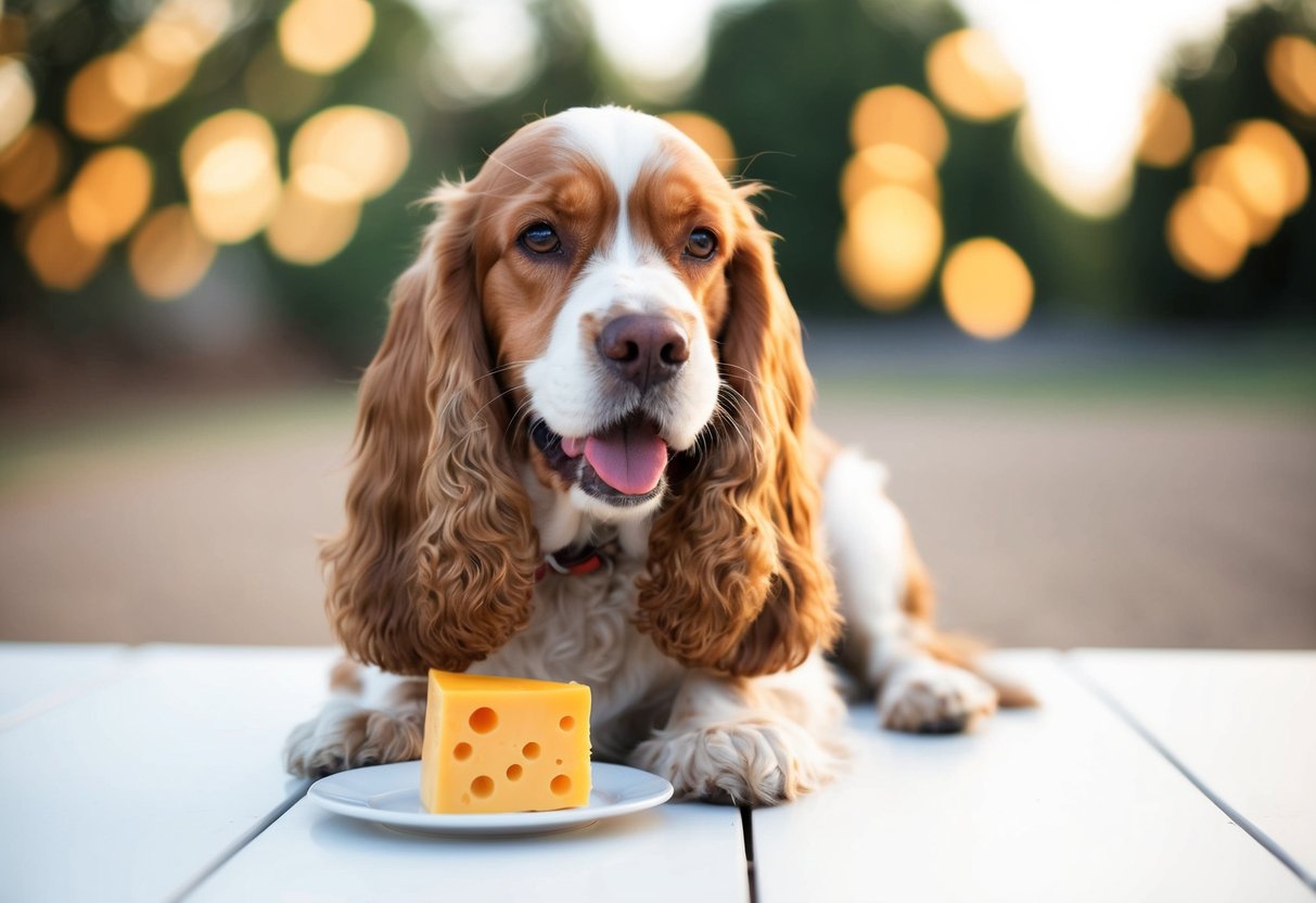 A cocker spaniel happily munches on a piece of cheese, wagging its tail in contentment