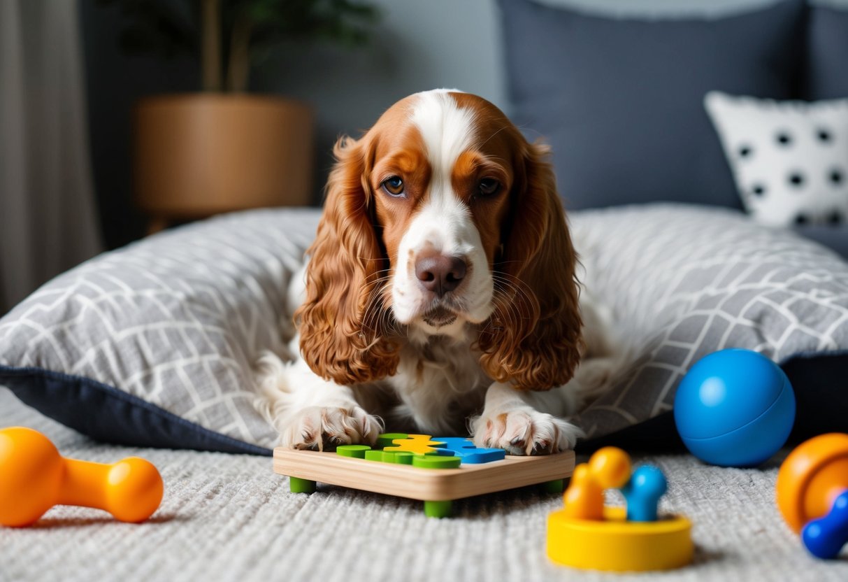 A cocker spaniel playing with a puzzle toy while surrounded by interactive toys and a cozy bed
