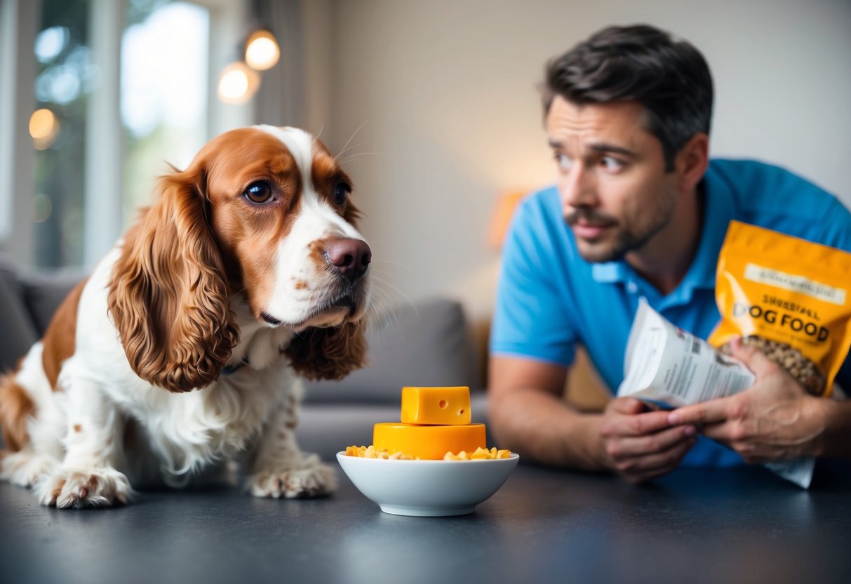 A Cocker Spaniel eagerly sniffs a bowl of cheese, while a concerned owner looks on, holding a bag of dog food