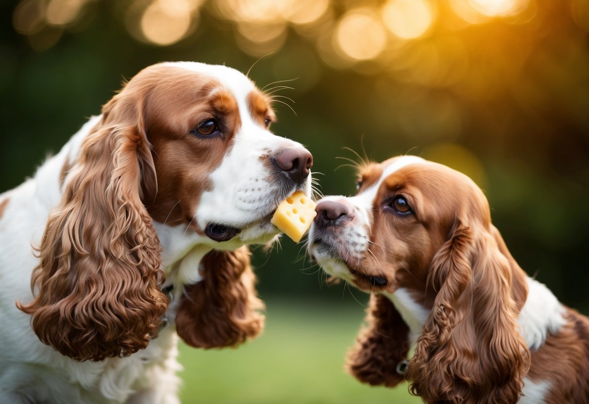 A cocker spaniel eagerly sniffs a small piece of cheese offered as a treat, with a hopeful and expectant expression on its face