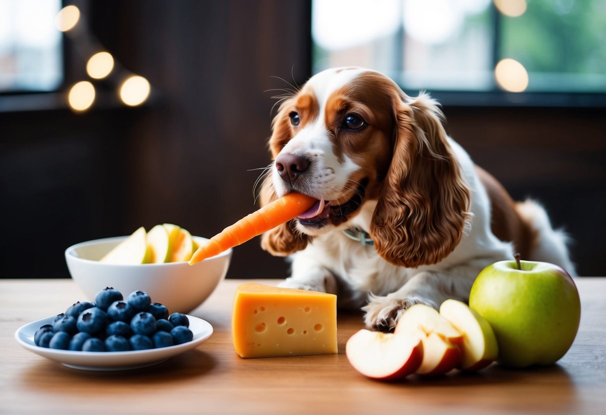 A cocker spaniel happily munches on a carrot stick while a wedge of cheese sits untouched nearby. A bowl of fresh blueberries and a pile of sliced apples complete the scene