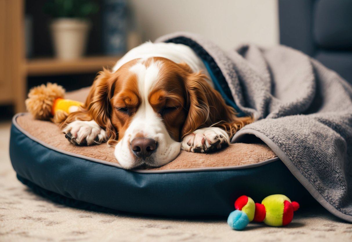 A 7-month-old cocker spaniel sleeps peacefully on a cozy dog bed, surrounded by soft toys and a warm blanket
