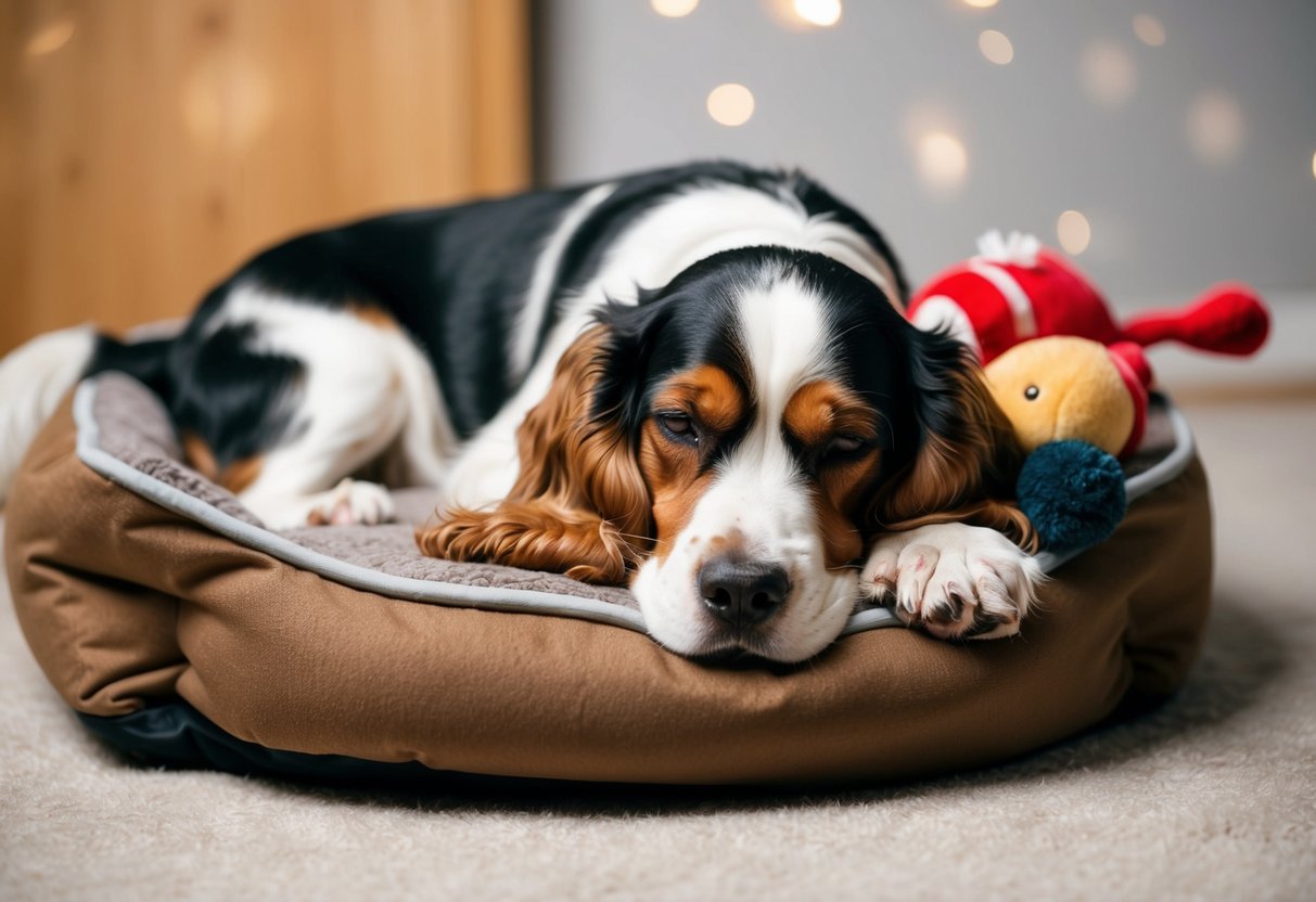 A 7-month-old Cocker Spaniel peacefully napping on a cozy dog bed, surrounded by plush toys and with a content expression on its face