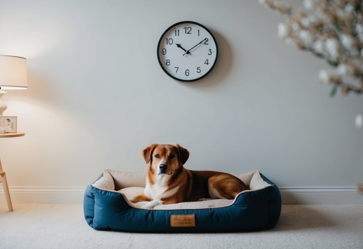 A cozy dog bed in a quiet room with soft lighting. A clock on the wall shows bedtime at 10 pm and wake-up time at 6 am