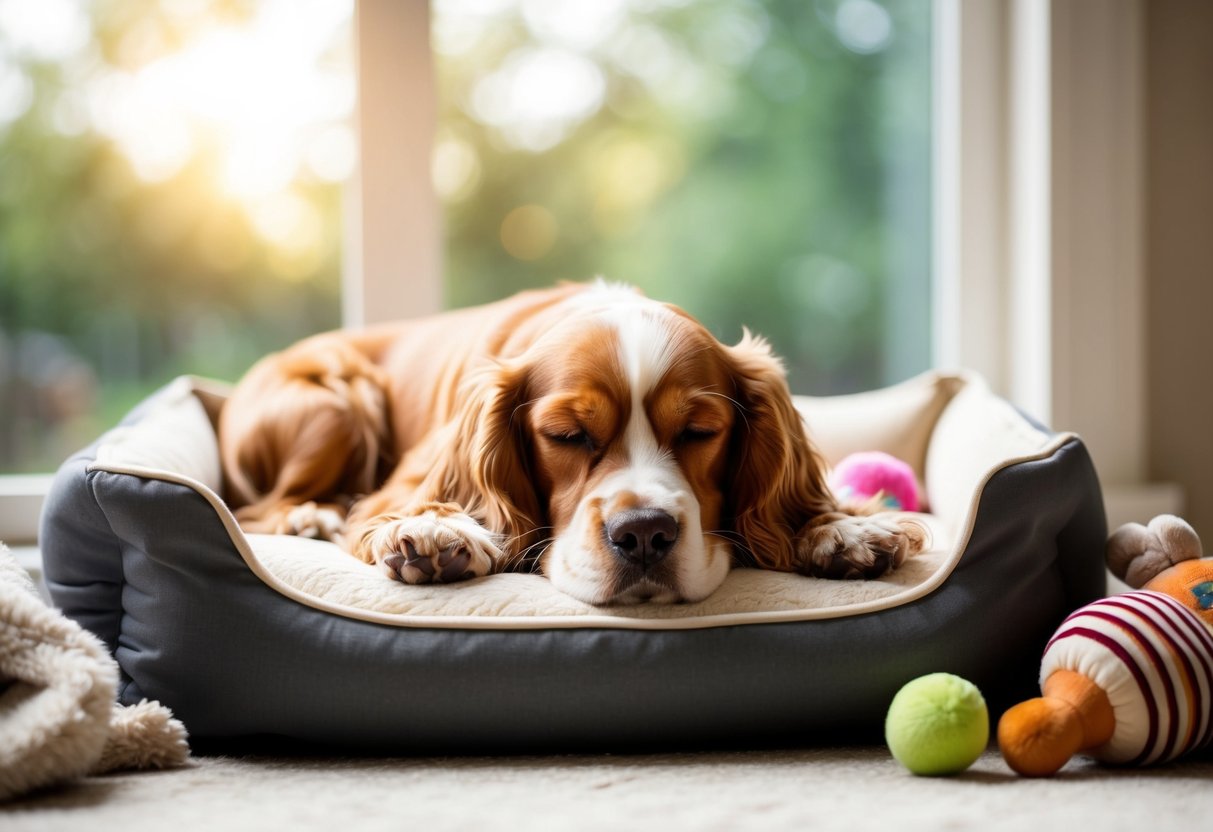 A 7-month-old cocker spaniel peacefully napping in a cozy dog bed, surrounded by soft toys and blankets, with a gentle sunlight streaming through the window