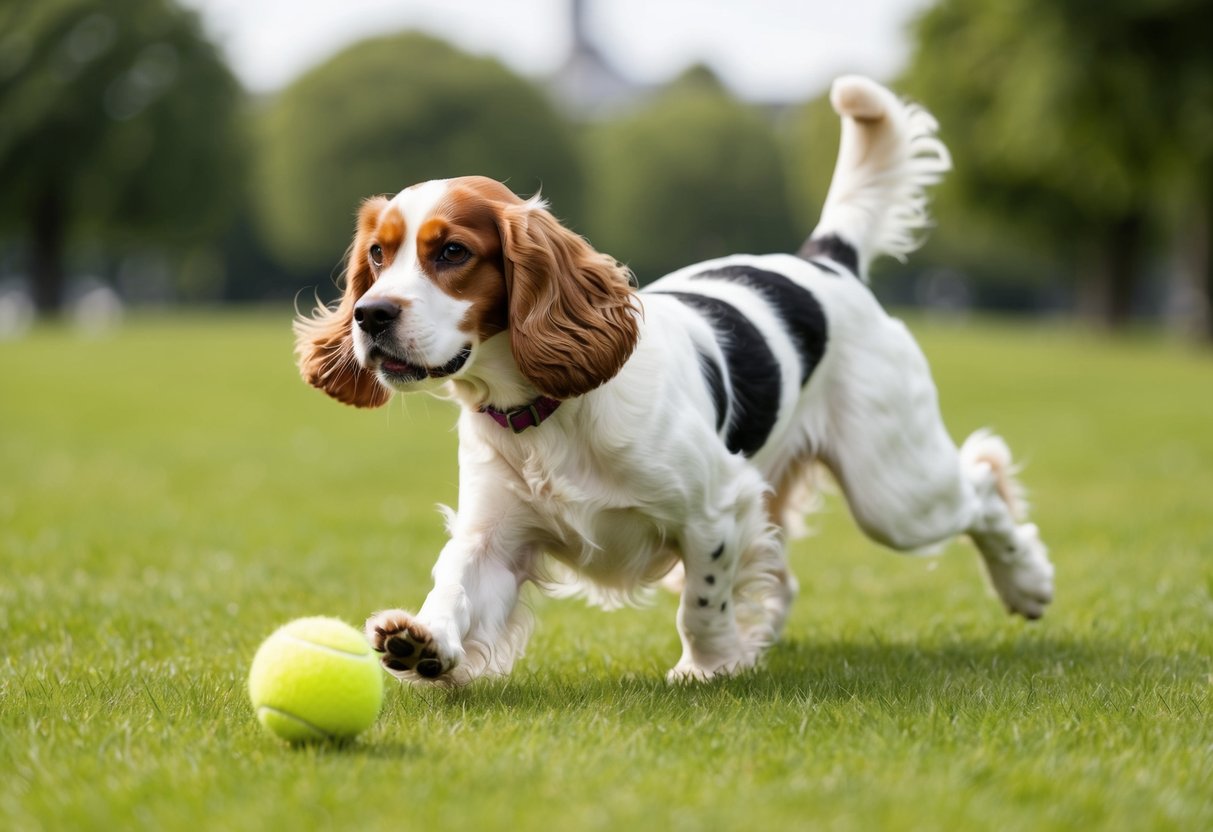 A cocker spaniel playing fetch with a tennis ball in a grassy park