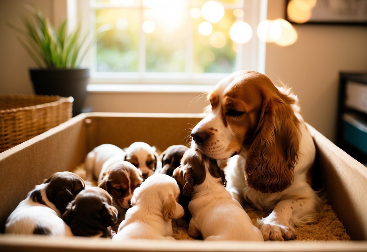 A mother cocker spaniel nursing a litter of six puppies in a cozy, sunlit whelping box