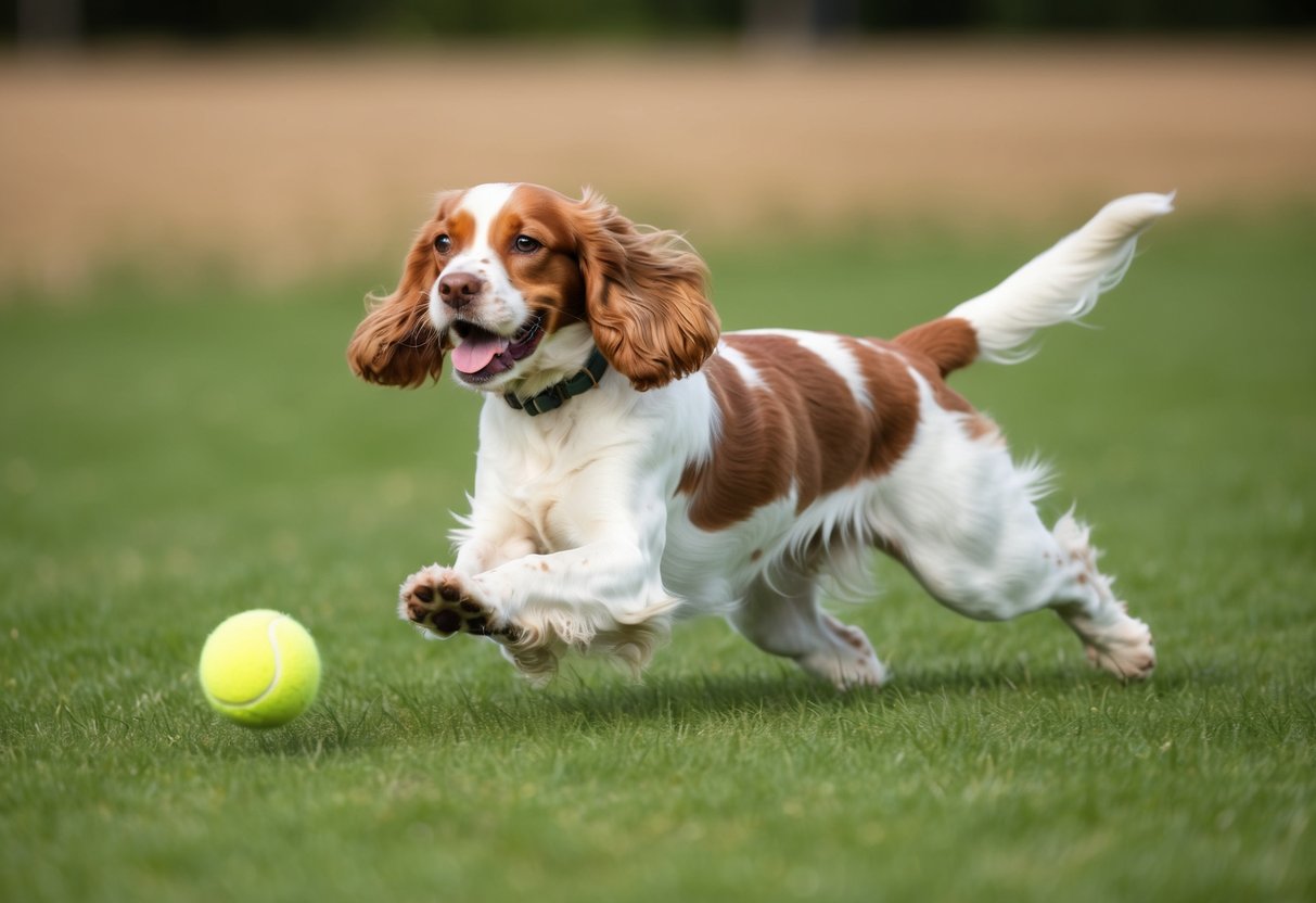 A Cocker Spaniel playing in a field, chasing after a tennis ball with a joyful expression on its face