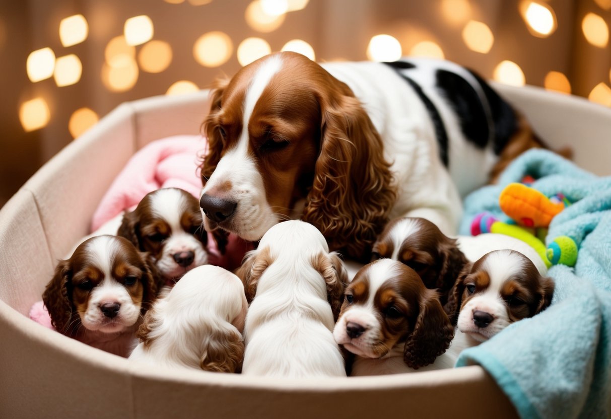 A Cocker Spaniel mother nurses a litter of six puppies in a cozy whelping box, surrounded by soft blankets and toys