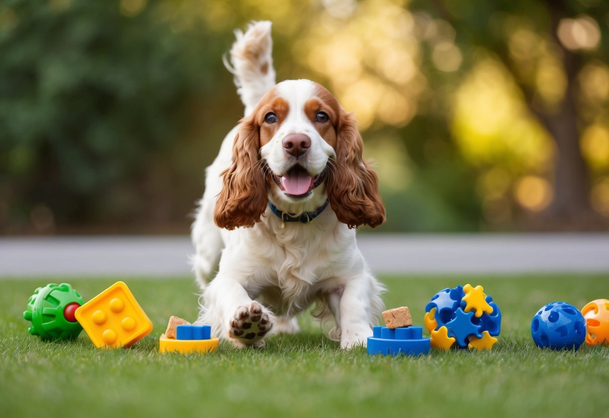 A cocker spaniel eagerly engages in a game of fetch, surrounded by a variety of puzzle toys and treats for mental stimulation