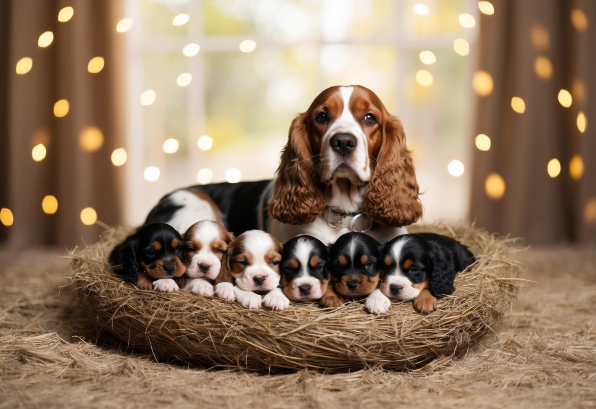 A mother cocker spaniel rests in a cozy nest surrounded by her first litter of adorable puppies